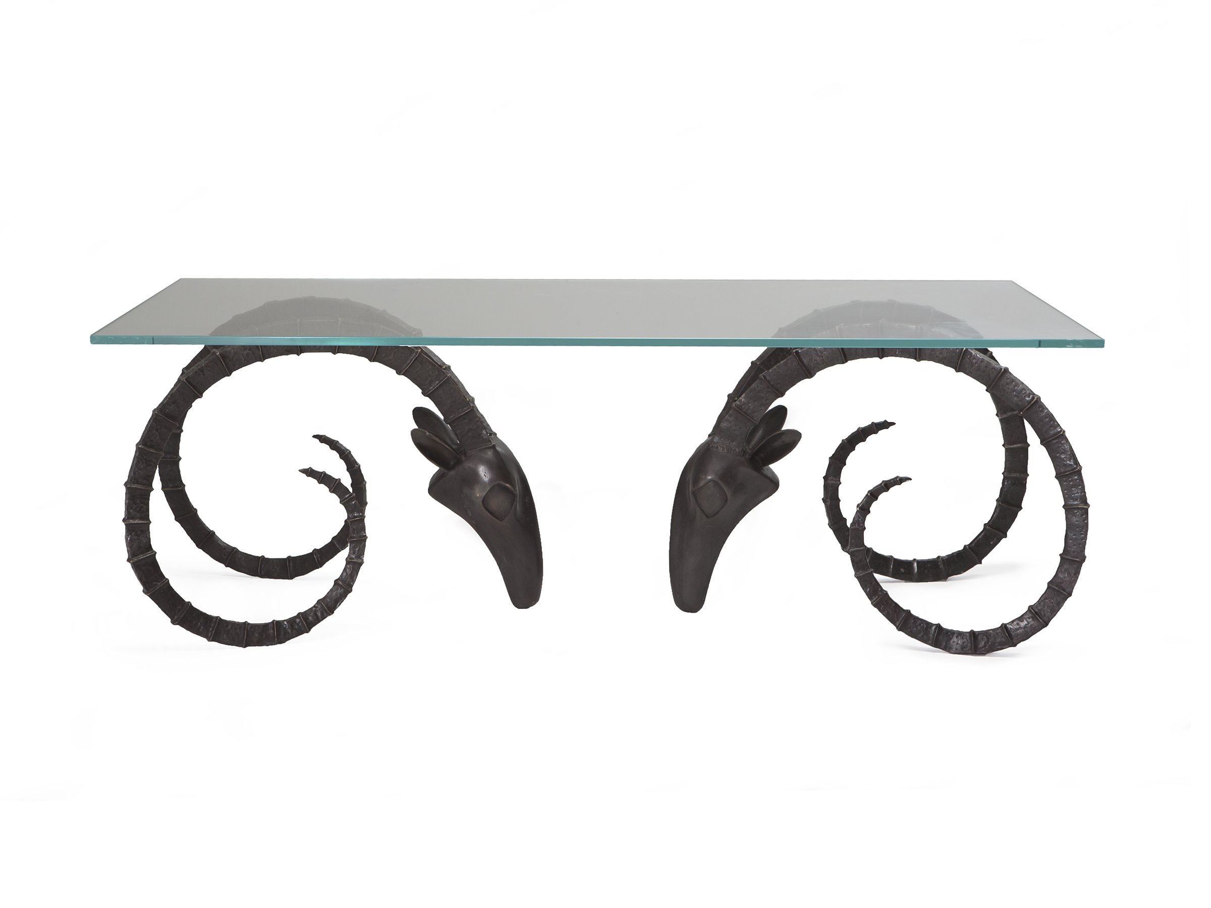 Ibex Cocktail Table with Sculptural Bronze Base and Glass Top